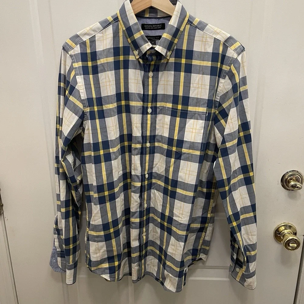 Banana Republic Blue Yellow Plaid Camden Fit Button‎ Up Shirt Mens Medium
